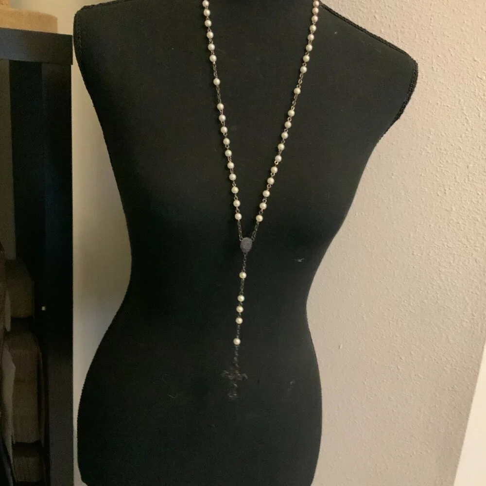 Rosary Vintage Beaded White Faux Pearl Gun Metal Cross